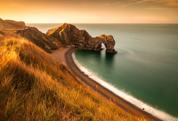 Wonderful sunrise in an august morning at Durdle Door in Dorset England